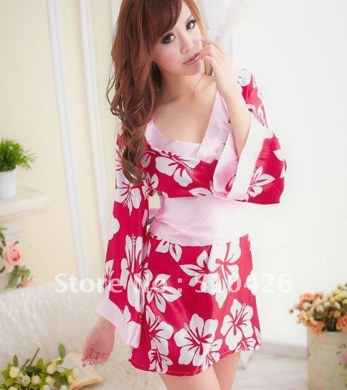 Smooth imitation silk kimono (black red) appeal underwear  free shipping