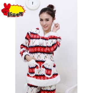Snow paragraph sweet princess women's thickening coral fleece sleepwear long-sleeve with a hood set lounge