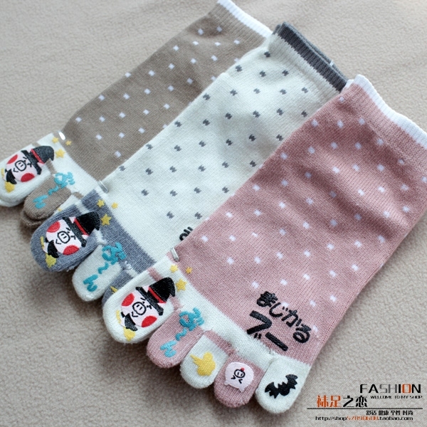 Socks four seasons 100% cotton toes antibiotic female toe socks dot magic pig
