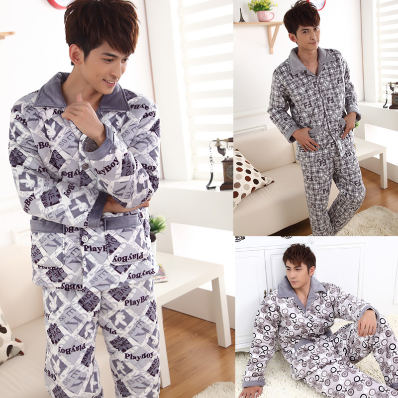Socks mask winter plus size thickening male sleepwear coral fleece cotton-padded lounge set