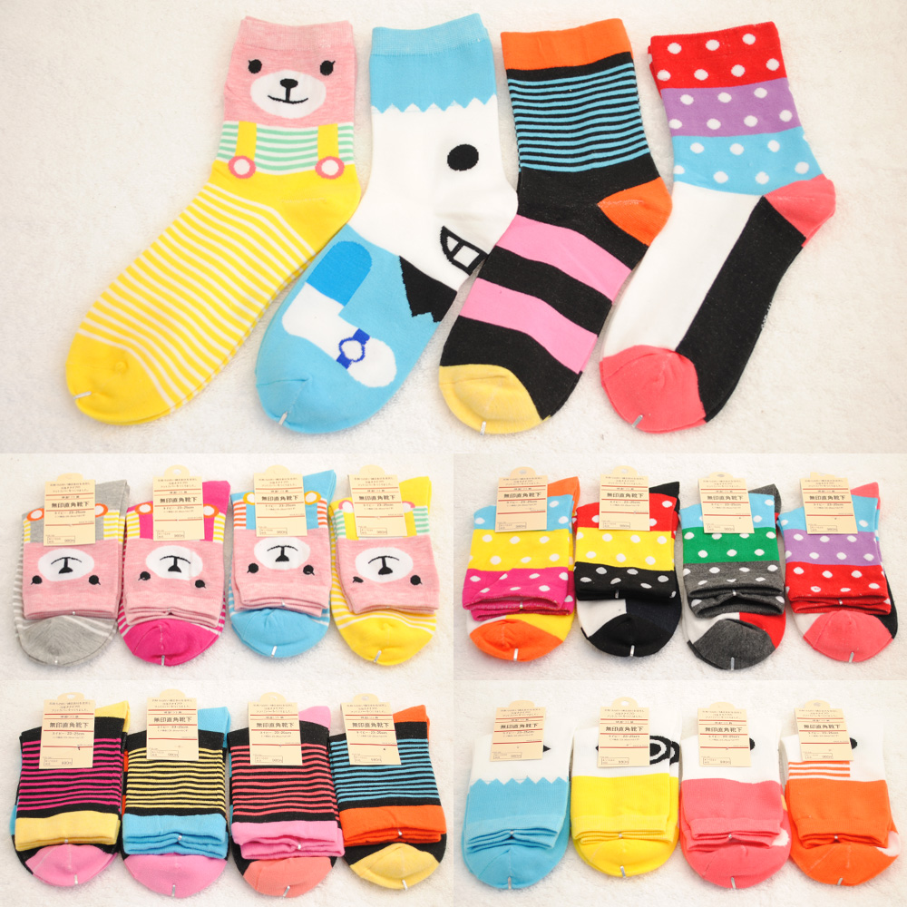 Socks women's 100% knee-high socks cartoon cotton socks dot 100% stripe cotton socks