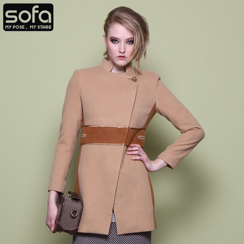 Sofa2012 autumn slim color block decoration woolen long-sleeve medium-long outerwear