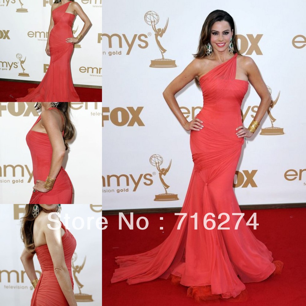 sofia-vergara Exquisite  Red Stylish One Shoulder Mermaid Floor Length  A Line Court Train Tulle Celebrity Dresses Prom Gown