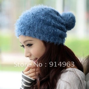 soft comfortable feather yarn knitted hat winter women's hat ear protector cap pocket hat fashion warm