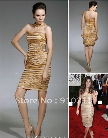 Soft Hot Sale Jillian Michaels Sheath/ Column Strapless Short/Mini Sleeveless Satin Golden Globe/ Evening Dress