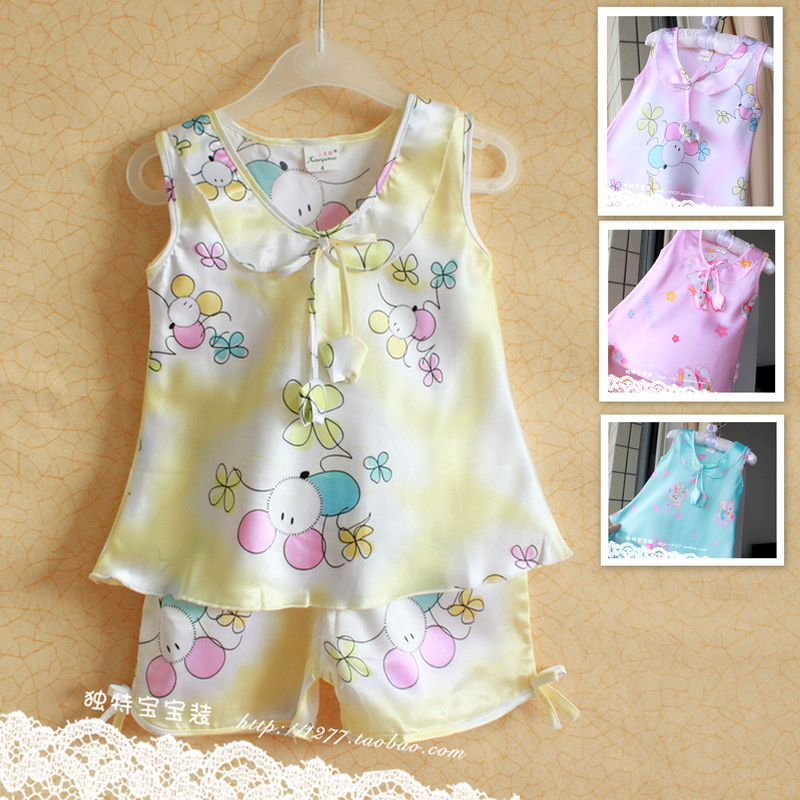 Soft silk female child sleep set summer cool sleeveless dress top shorts twinset Free shipping