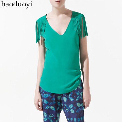 solid color chiffon shirt with tassel on the shoulder free shipping