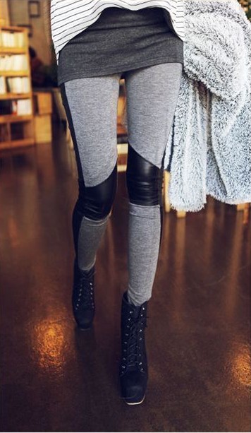 Solid color of sidepiece women's slim faux leather patchwork knee 100% cotton pencil legging