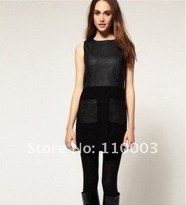 Solid color Slim round neck fight leather stitching dress A594