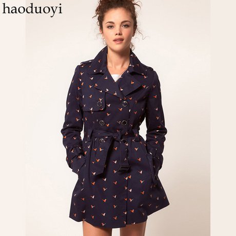 solid cotton trench with double-breasted button and retro cuckoo printed free shipping for epacket and china post air mail