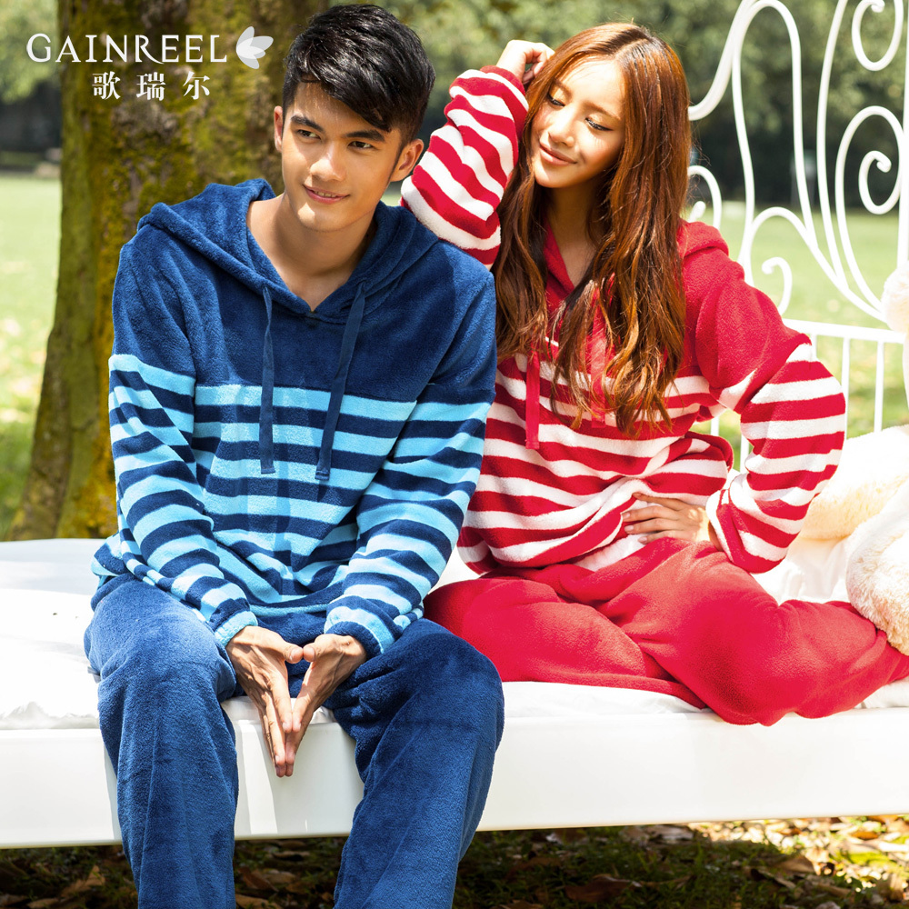 Song arrail coral fleece lovers stripe sleepwear male women's lounge set