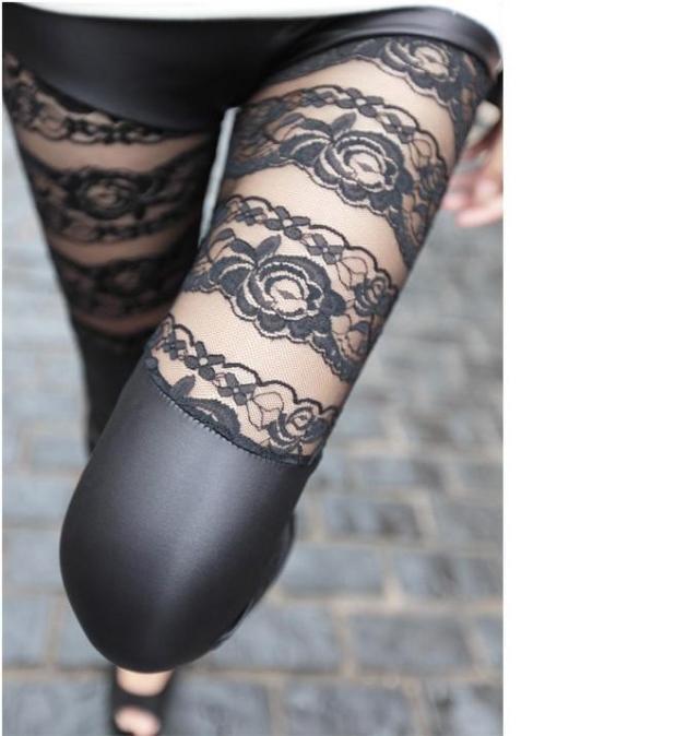 South Korea lace imitation leather stripes double nine points leggings