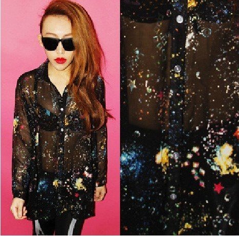 SP-009 New Fashion Women transparent Chiffon Yarn Black Sexy Vintage Space Universe galaxy Print Blouse/Shirt Free Shipping