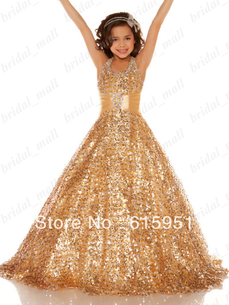 Sparkling Scoop Neckline Little Girl Pageant Dress Gold Shinning Sequin Sugar Pageant Dress JY296-1