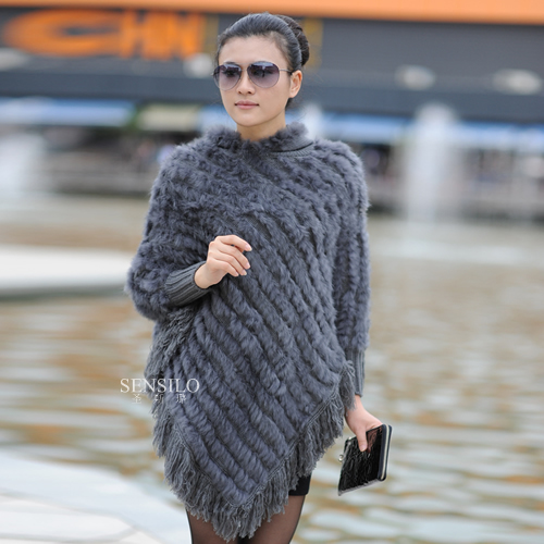 Specail price elegant 2012 fashion geninue rabbit fur coat black gray knitted rabbit fur cape s5541ems free shipping