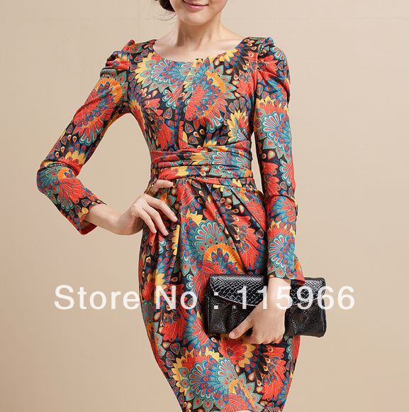 Special cut Phoenix tail print Autumn   lady fashion elegant slim  casual  dress   ,  Free shipping