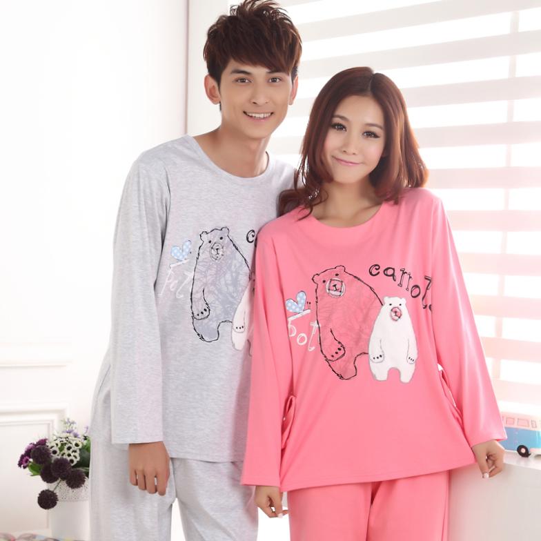 Special offer new autumn long sleeve knit cotton cute cartoon men and women lovers pajamas leisure wear two piece