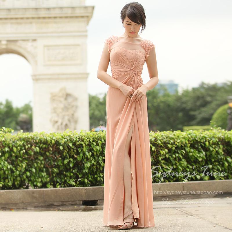 Special Offered Peach colour  Lace with Ruffled Bridesmaid Long Gown
