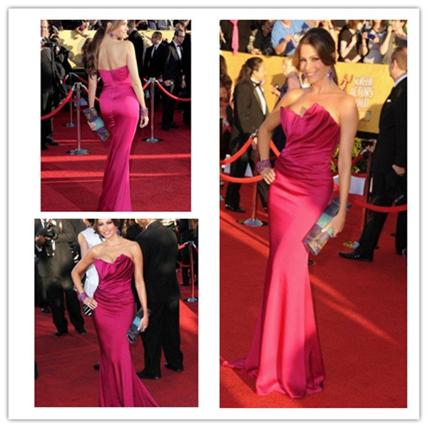 Special Strapless A Line Sweetheart Satin Sofia Vergara Celebrity Red Carpet Dress
