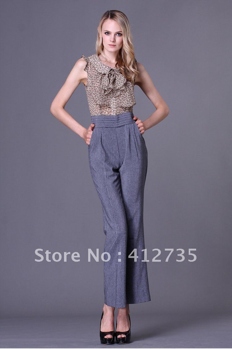 Specials$37.5!Free Shipping,The sleeveless temperament Yebian collar Floral Chiffon Slim Jumpsuit