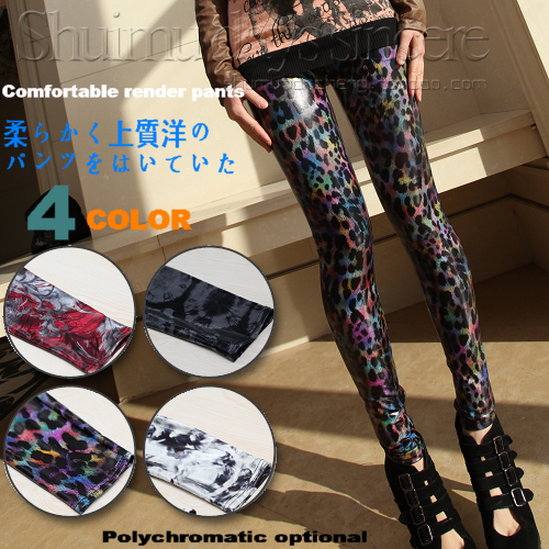 Splash-ink ankle length thin doodle legging faux leather pants multicolor