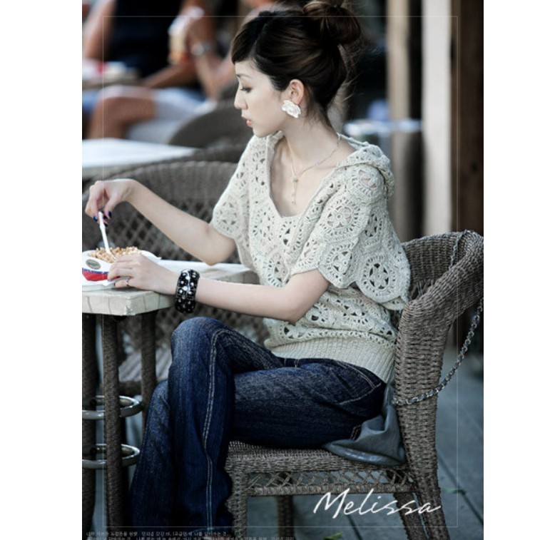 Spring 2012 fashion women's pattern crocheted short-sleeve hooded sweater cutout with a hood sweater
