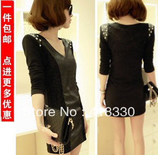 Spring 2013 dress sexy slim hip beading leather skirt long-sleeve spring one-piece dress