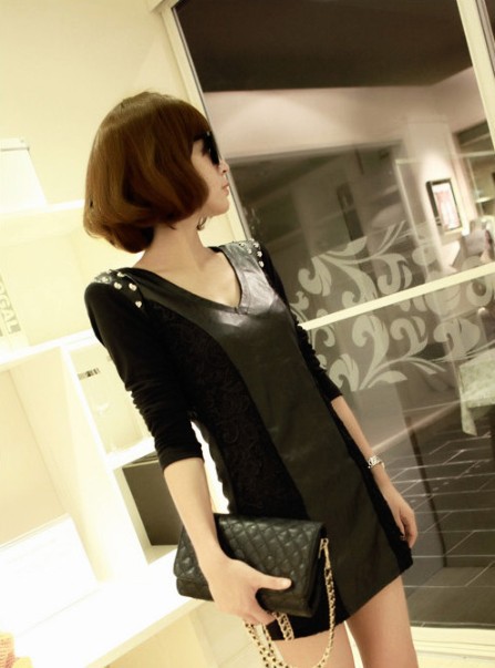 Spring 2013 dress sexy slim hip leather skirt beading long-sleeve one-piece Free shipping