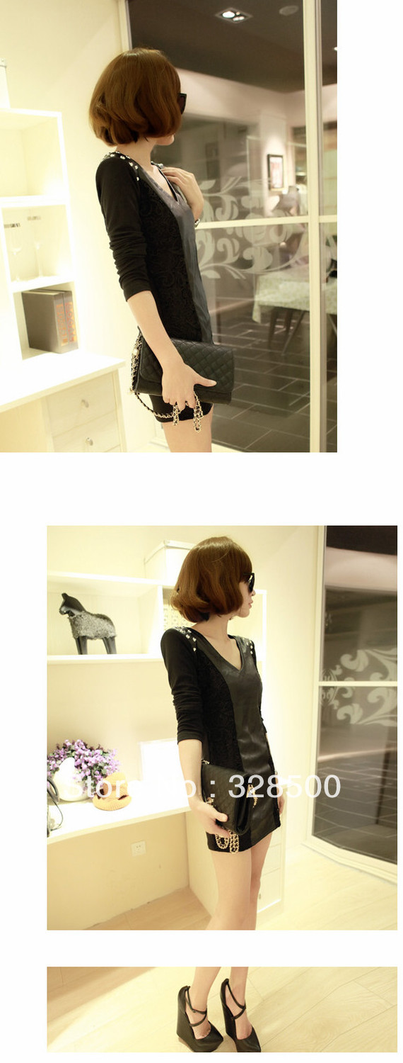 Spring 2013 dress sexy slim hip leather skirt beading long-sleeve spring one-piece dress