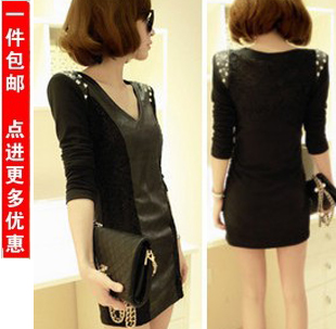 Spring 2013 dress sexy slim hip leather skirt beading long-sleeve spring one-piece dress