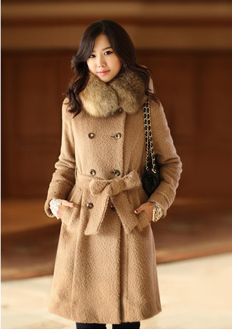 Spring 2013 fur collar wool coat wool super large raccoon fur outerwear wool trench coat woolen outerwear