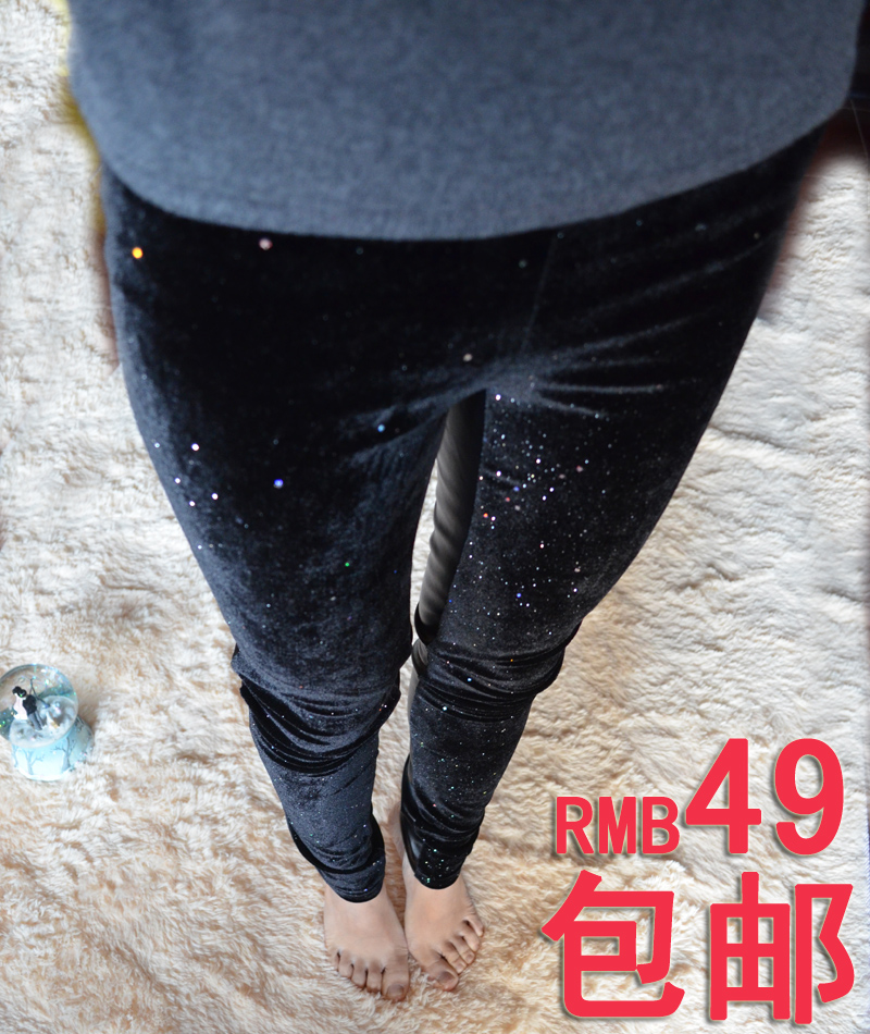 Spring 2013 gold velvet patchwork leather pants tight legging pants slim trousers