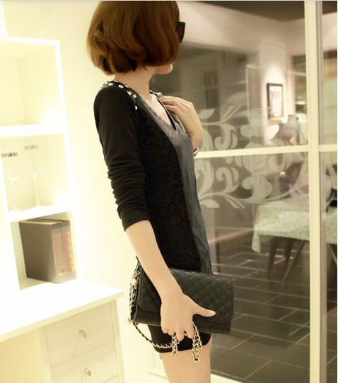 Spring 2013 new dress sexy slim hip leather skirt beading long-sleeve spring one-piece dress