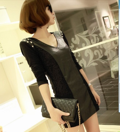 Spring 2013 sexy slim hip leather skirt beading lace long-sleeve spring one-piece dress free shipping