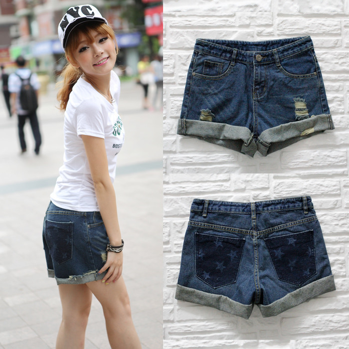 Spring 2013 shorts five-pointed star denim shorts loose roll-up hem denim boot cut jeans shorts female