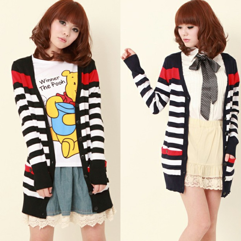 Spring 2013 slim medium-long plus size sweater cardigan preppy style stripe outerwear female