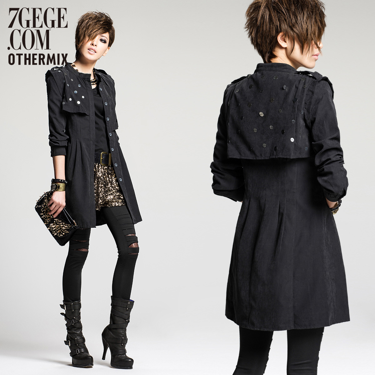 Spring 2013 stand collar trend paillette black loose long-sleeve trench outerwear women