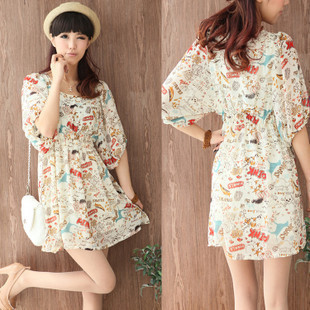 Spring 2013 sweet gentlewomen cartoon doodle o-neck short-sleeve female spring chiffon skirt one-piece dress