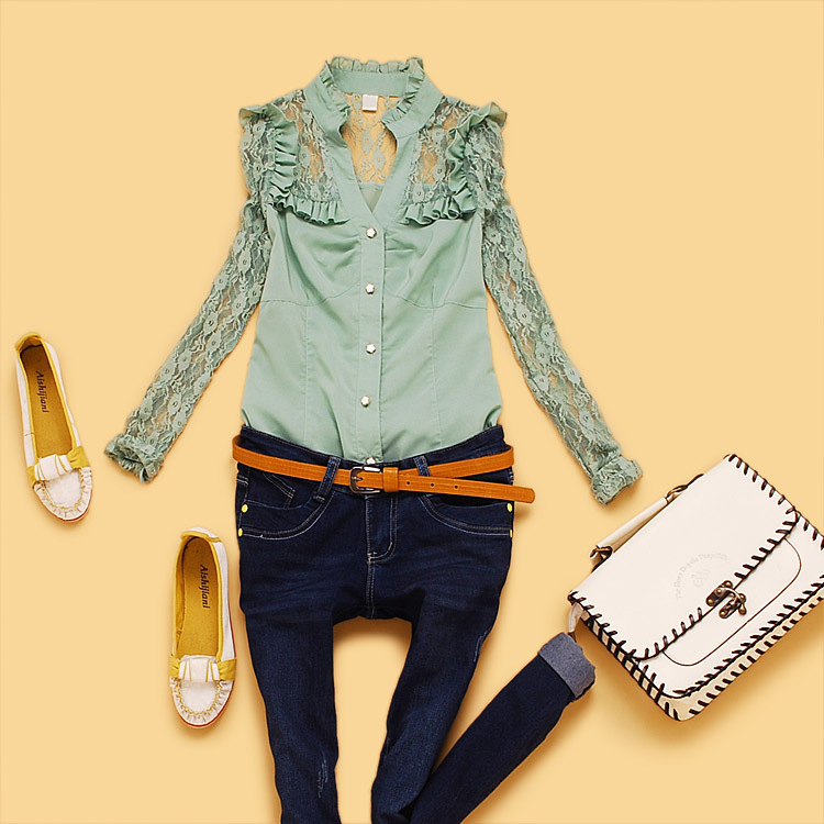 Spring 2013 women's fashion sexy lace patchwork and a half open front long-sleeve shirt casual shirt l2-4