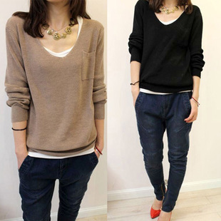 Spring 2013 women's loose long-sleeve basic shirt pullover thin sweater V-neck pocket all-match
