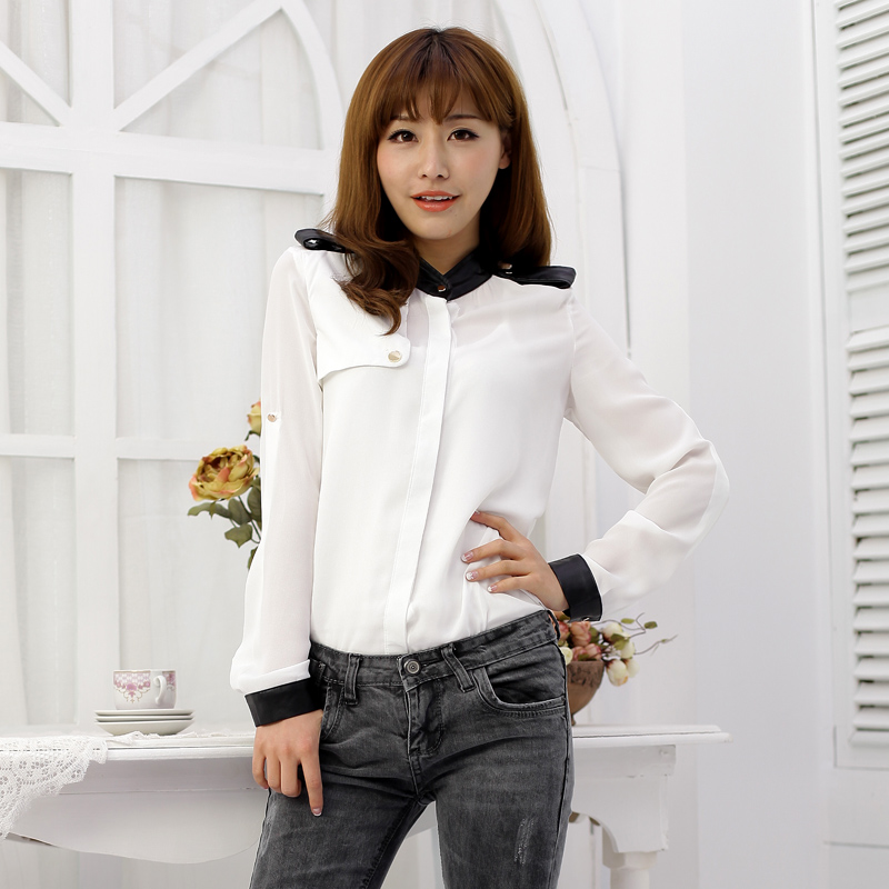 Spring 2013 women's patchwork o-neck epaulette pocket long-sleeve slim casual shirt clairvoyant outfit l4-2