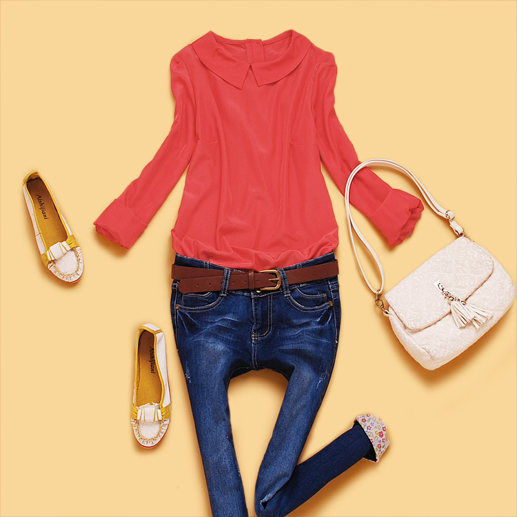 Spring 2013 women's peter pan collar candy solid color fashion long-sleeve chiffon shirt x5-3