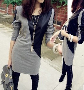 Spring 2013 women's plus size slim top leather patchwork long-sleeve T-shirt basic shirt female