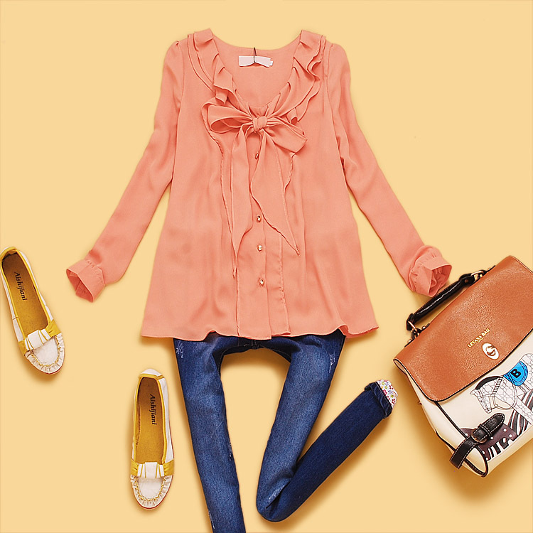 Spring 2013 women's ruffle chiffon loose long-sleeve shirt cute shirt u4-4