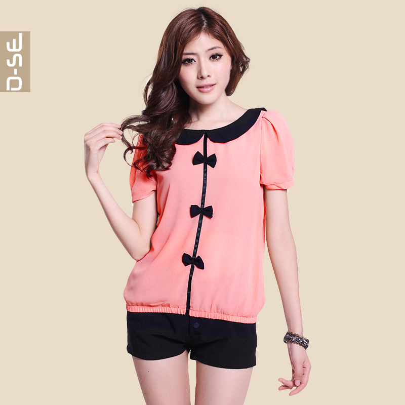 Spring 2013 women's slim sweet plus size casual short-sleeve peter pan collar chiffon top female