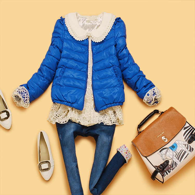Spring 2013 women's sweet candy color lace patchwork design thin slim short cotton-padded jacket long-sleeve thin wadded jacket