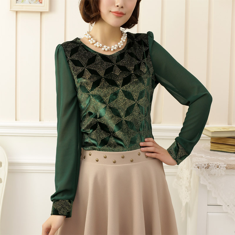 Spring 2013 women's vintage chiffon patchwork gold velvet long-sleeve shirt slim casual pullover shirt i3-2