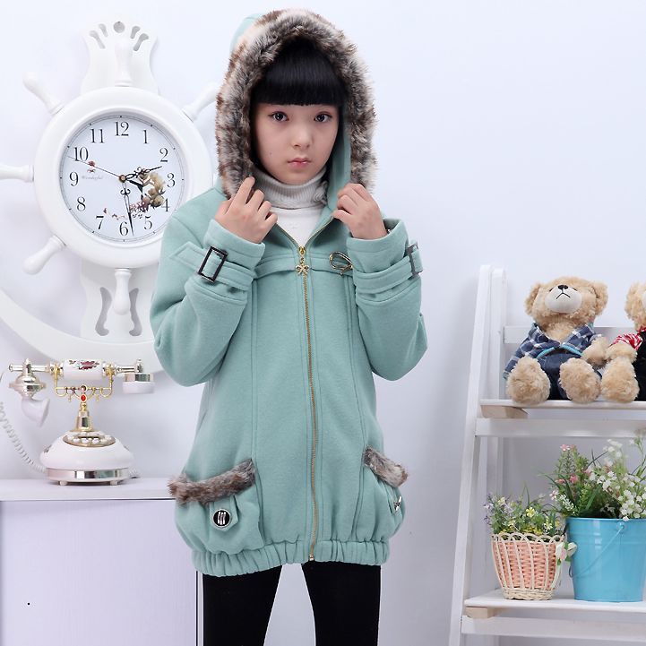Spring 8 - 10 Girl child sweatshirt zipper fur collar hooded outerwear thermal clothing green red