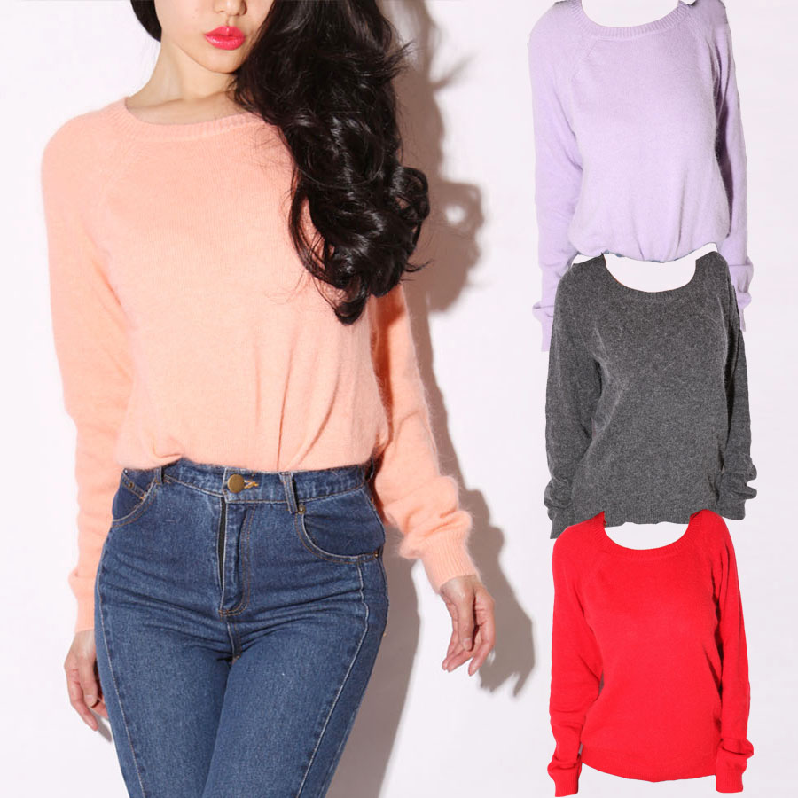 Spring 8 honey rabbit fur loose low-high vintage big raglan sleeve o-neck sweater