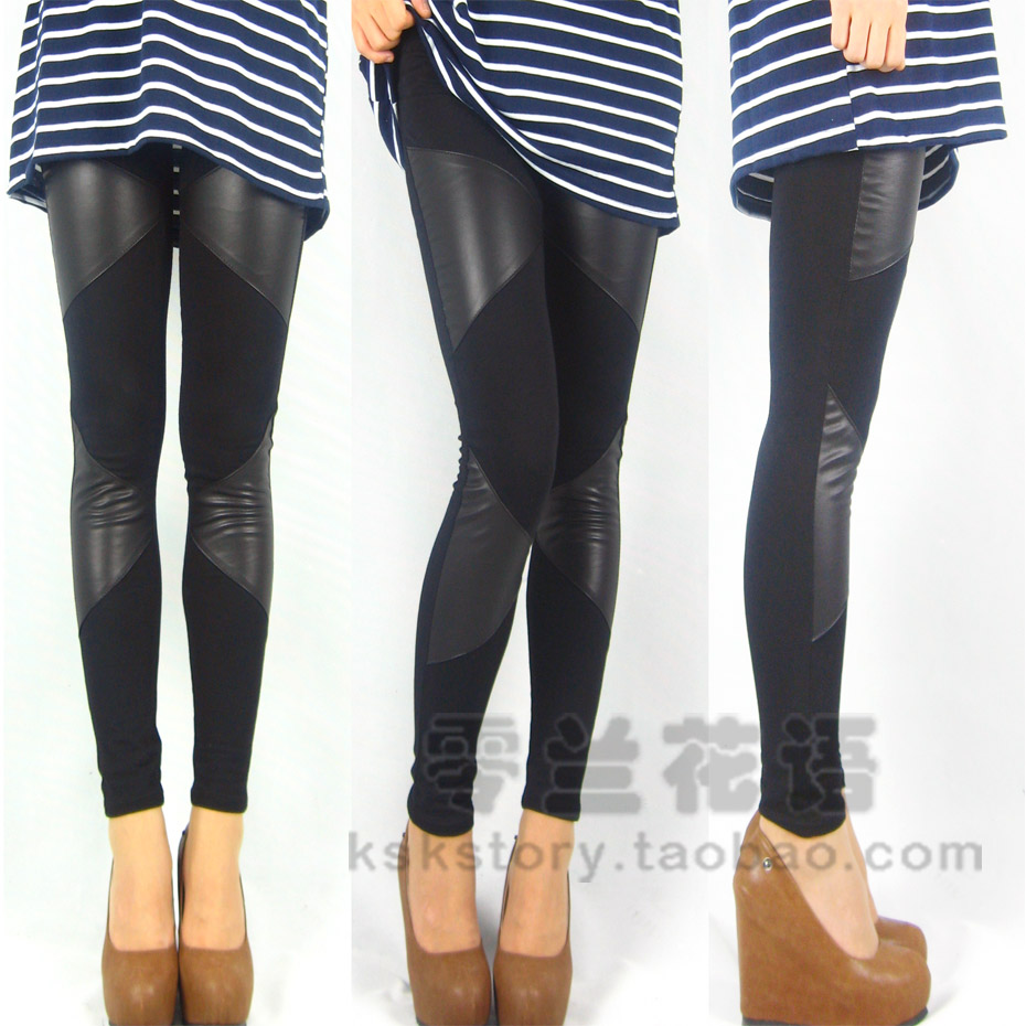 Spring and autumn 100% cotton patchwork trigonometric faux leather patch plus velvet thickening legging warm pants gossip female